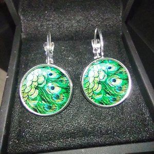 Unique Art Peacock Silver Tone Wiggle Earrings